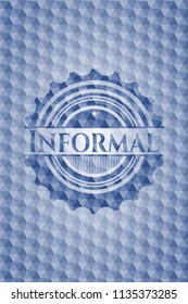 Informal blue emblem or badge with geometric pattern background.