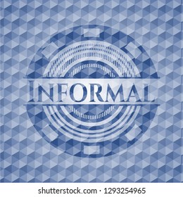 Informal blue emblem with geometric pattern background.