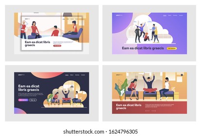 Informal communication set. Friends sitting on couches, chatting, group mocking mate. Flat vector illustrations. Discussion, meeting, bullying concept for banner, website design or landing web page