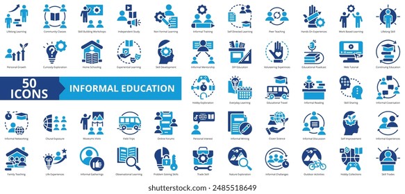 Informal Education icon collection set. Containing community classes, skill building workshops, independent study, non formal, training, self directed, peer teaching icon. Simple flat vector.