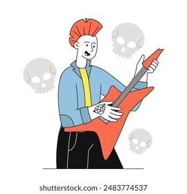 Informell mit E-Gitarre. Punk mit Musikinstrument, das in der Szene auftritt. Talentierter Künstler und Musiker spielt Rockmusik. Flache lineare Vektorillustration auf weißem Hintergrund