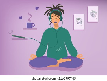 An informal girl in a lotus position, doing yoga and listening to audio on her phone. Lady in headphones meditates with a cup of coffee at home. Vector flat illustration. Template for yoga day.