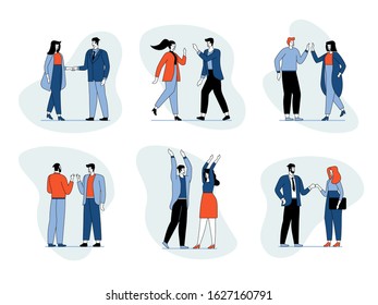 Informal greeting flat banner vector template. Cheerful friends buddies cartoon characters. Happiness expression togetherness. Happy friends meeting communication concept. Illustration with text space