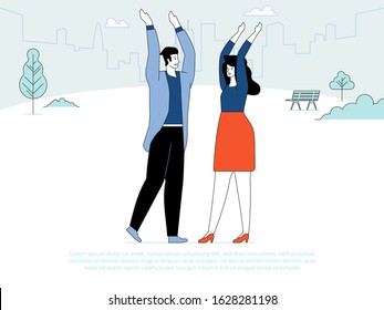 Informal greeting flat banner vector template. Cheerful friends buddies cartoon characters. Happiness expression togetherness. Happy friends meeting communication concept. Illustration with text space