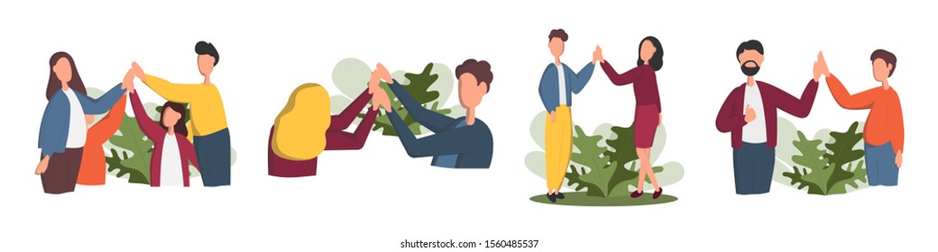 Informal greeting flat vector illustrations set. Happy people giving high five isolated on white background. Cheerful friends and colleagues cartoon characters pack.
