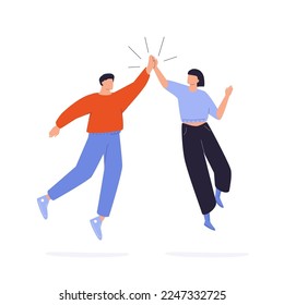 Informal greeting flat vector illustrations. Happy people giving high five isolated on white background. Cheerful friends and colleagues cartoon characters. Happiness, joy expression or work success.