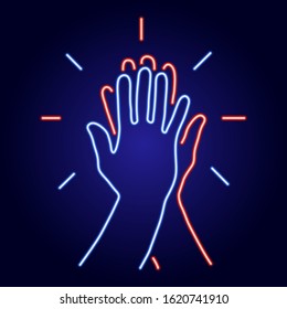 Informal greeting, two hands giving a high five, team result, friendly partners from glowing blue and red neon luminescence lines on classic blue dark background. Vector illustration.