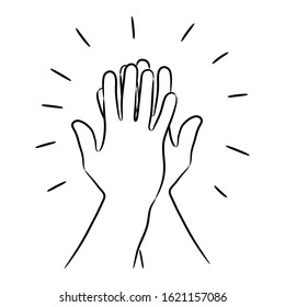 Informal greeting, two hands giving a high five, team result, friendly partners from the contour black brush lines different thickness on white background. Vector illustration.