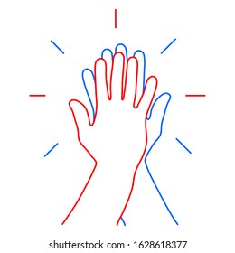 Informal greeting, two hands giving a high five, team result, friendly partners from the contour red and blue lines. Vector illustration.