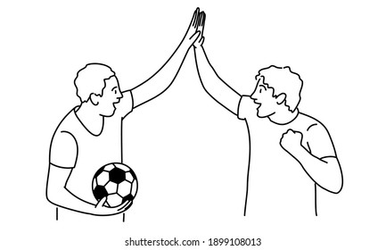 Informal greeting two men. Young man holding a soccer ball. Hand drawn vector illustration.