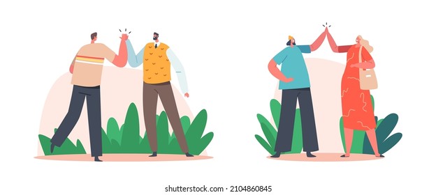 Informal Greetings, Happy People Giving High Five Isolated on White Background. Cheerful Friends and Colleagues Male Female Characters Happiness, Joy Expression. Cartoon People Vector Illustration