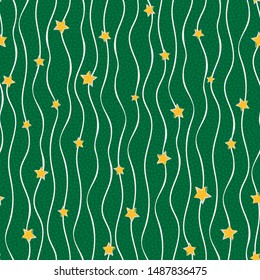 Informal hand drawn gold stars and doodle lines geometric design. Seamless vector pattern on dark green background. Great for all Christmas products, seasonal stationery, giftwrap, graphic design use