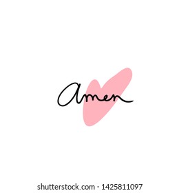 Informal hand written typographical design with word Amen and heart shape. Hand lettering.