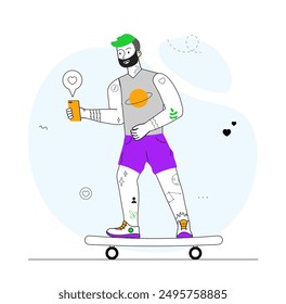 Informal man concept. Guy with green hairs in tattoos on skateboard. Personal fashion, trend and style. Active lifestyle and extreme sports. Linear vector illustration isolated on white background