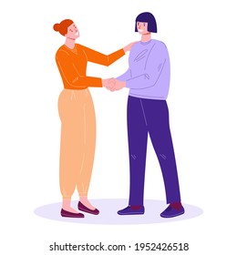 Informal meeting of two women friends, colleagues. They greet each other with a hug, a handshake. Vector illustration in flat cartoon style. Isolated on a white background.