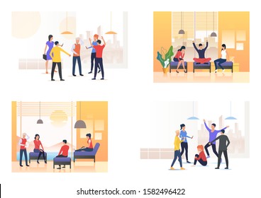 Informal talk and bullying set. Group mocking mate, friends sitting on couches and chatting. Flat vector illustrations. Communication, aggression concept for banner, website design or landing webpage