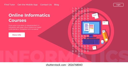 Informatics and computer technologies courses, lessons and classes online. Internet remote education, learning how to program and code. Website or webpages template, landing page flat vector