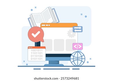 Informatics Concept showing Logistics and Supply Chain Management Software Solution with Coding and Digital Technology Background. Flat Vector Illustration on the background.