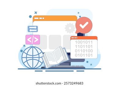 Informatics Concept showing Logistics and Supply Chain Management Software Solution with Coding and Digital Technology Background. Flat Vector Illustration on the background.