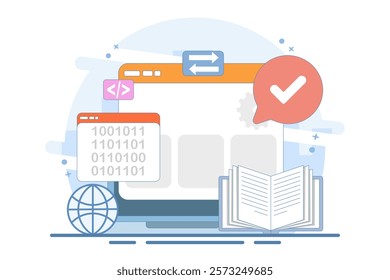 Informatics Concept showing Logistics and Supply Chain Management Software Solution with Coding and Digital Technology Background. Flat Vector Illustration on the background.