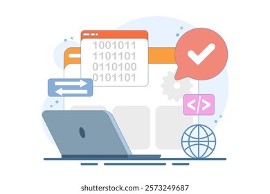 Informatics Concept showing Logistics and Supply Chain Management Software Solution with Coding and Digital Technology Background. Flat Vector Illustration on the background.