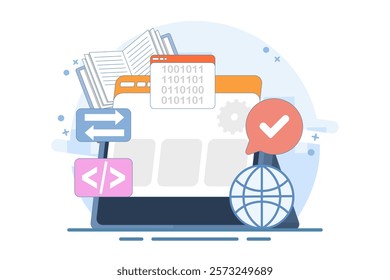 Informatics Concept showing Logistics and Supply Chain Management Software Solution with Coding and Digital Technology Background. Flat Vector Illustration on the background.