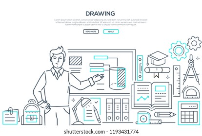 Informatics - modern colorful line design style banner on white background with place for text. A male teacher standing at the board showing formulas. Images of laptop, tablet, folders, brain