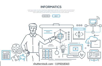 Informatics - Modern Colorful Line Design Style Banner On White Background With Place For Text. A Male Teacher Standing At The Board Showing Formulas. Images Of Laptop, Tablet, Folders, Brain