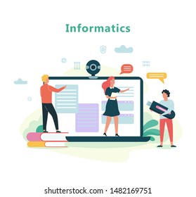 Informatics school subject. Education on computer, modern technology. Laptop computer screen. Flat vector illustration