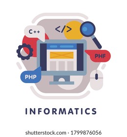 Informatics School Subject Icon, Education and Science Discipline with Related Elements Flat Style Vector Illustration