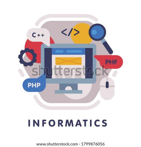 Informatics School Subject Icon, Education and Science Discipline with Related Elements Flat Style Vector Illustration