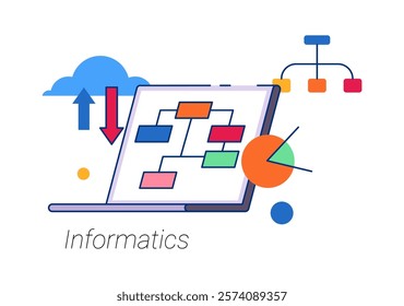 Informatics subjects in school, computer technologies disciplines in university or college. Vector isolated flat cartoon icon for student curriculum. Laptop with algorithms and diagrams