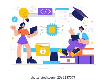 Informatics Vector Illustration featuring Logistics and Supply Chain Management Software Solutions with Coding and Digital Technology Background