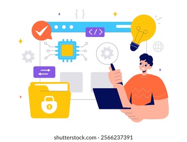 Informatics Vector Illustration featuring Logistics and Supply Chain Management Software Solutions with Coding and Digital Technology Background