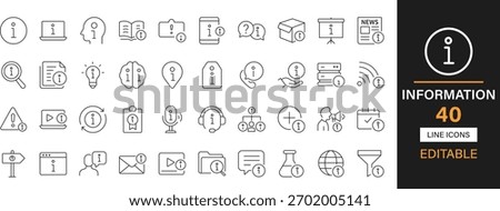 Information 40 editable line icons pack. Info, help desk, customer support, call center, knowledge base, question mark, and more icons.