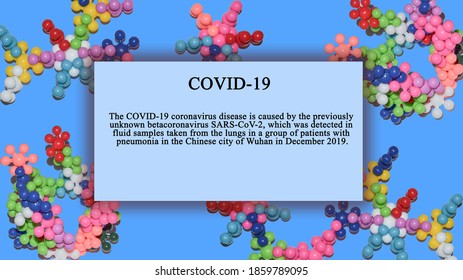 Information about COVID and a 3d model of the virus on a blue background . Concept, template design.