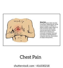 Information about heart pain, chest pain in men, , vector sketch hand-drawn illustration of heart and human patients suffering from chest pains man holding chest