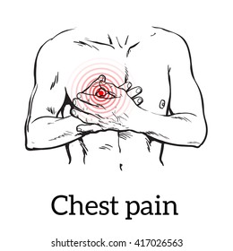 Information about heart pain, chest pain in men, , vector sketch hand-drawn illustration of heart and human patients suffering from chest pains man holding chest