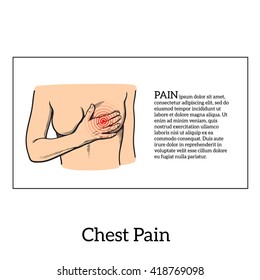 Information about heart pain, chest pain in women, , vector sketch hand-drawn illustration of heart and human patients suffering from chest pains woman holding chest