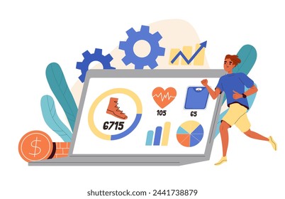 Information about run concept. Man ruins near digital tablet with infographics and statistics. Active and healthy lifestyle. Marathon runner and sprinter. Cartoon flat vector illustration