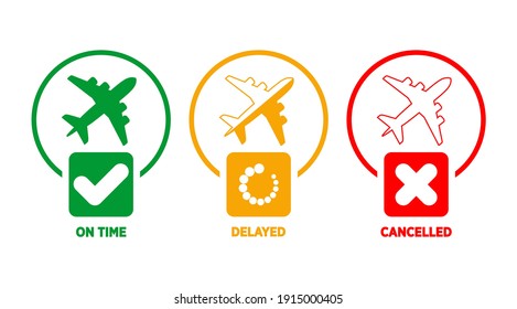 Information about the status of the flight at the airport. The plane from the point of departure arrives on time, is delayed, canceled. Vector on transparent background