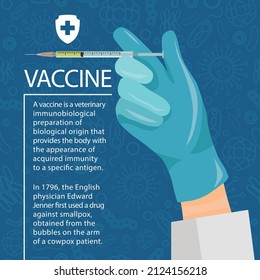 Information about the vaccine. A gloved hand with a syringe and a text. Vector illustration isolated on a white background for design and web.