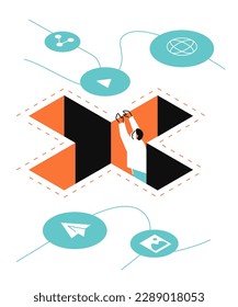Information addiction - colorful flat design style illustration with linear elements. Orange and blue colored picture with man grabbing the edge of a cliff. Messengers and gadgets, disinformation