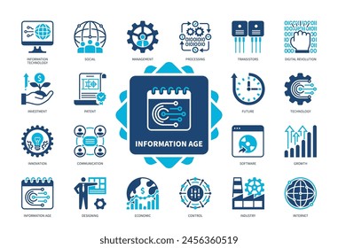 Conjunto de iconos de Edad de información. Patente, Innovación, Tecnología, Transistores, Económico, Internet, Comunicación, Software. Iconos sólidos de color de duotono