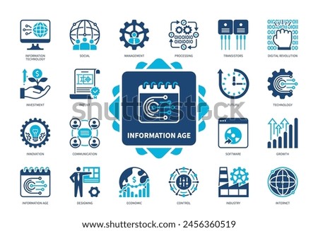 Information Age icon set. Patent, Innovation, Technology, Transistors, Economic, Internet, Communication, Software. Duotone color solid icons