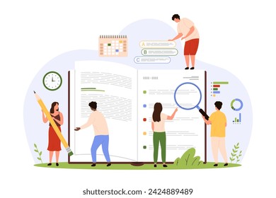 Information analysis, data inspection and evaluation. Tiny people look through magnifying glass on infographic diagrams and charts on paper page of book, research reports cartoon vector illustration