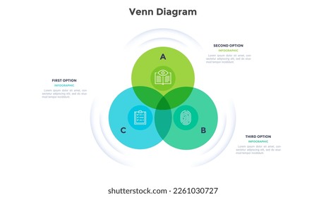 Information analysis and identification Venn diagram infographic design template. Biometric technology in data protection. Overplayed circles chart with 3 steps. Visual data presentation for banners