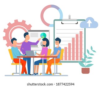 Vector de análisis de información, gente en conferencia discutiendo gráficos y diagramas en tablas. Organización del espacio de trabajo, jefe y empleados por tabla