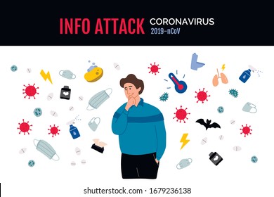 Information attack and manipulation of attention. A person thinks about infection with Coronavirus. Disease, fear, bacteria and self-defence. People think about 2019-nCoV concept vector illustration.