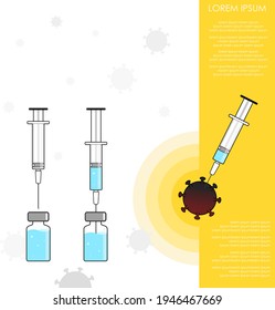 information background with bottle of covid-19 vaccine and empty syringe